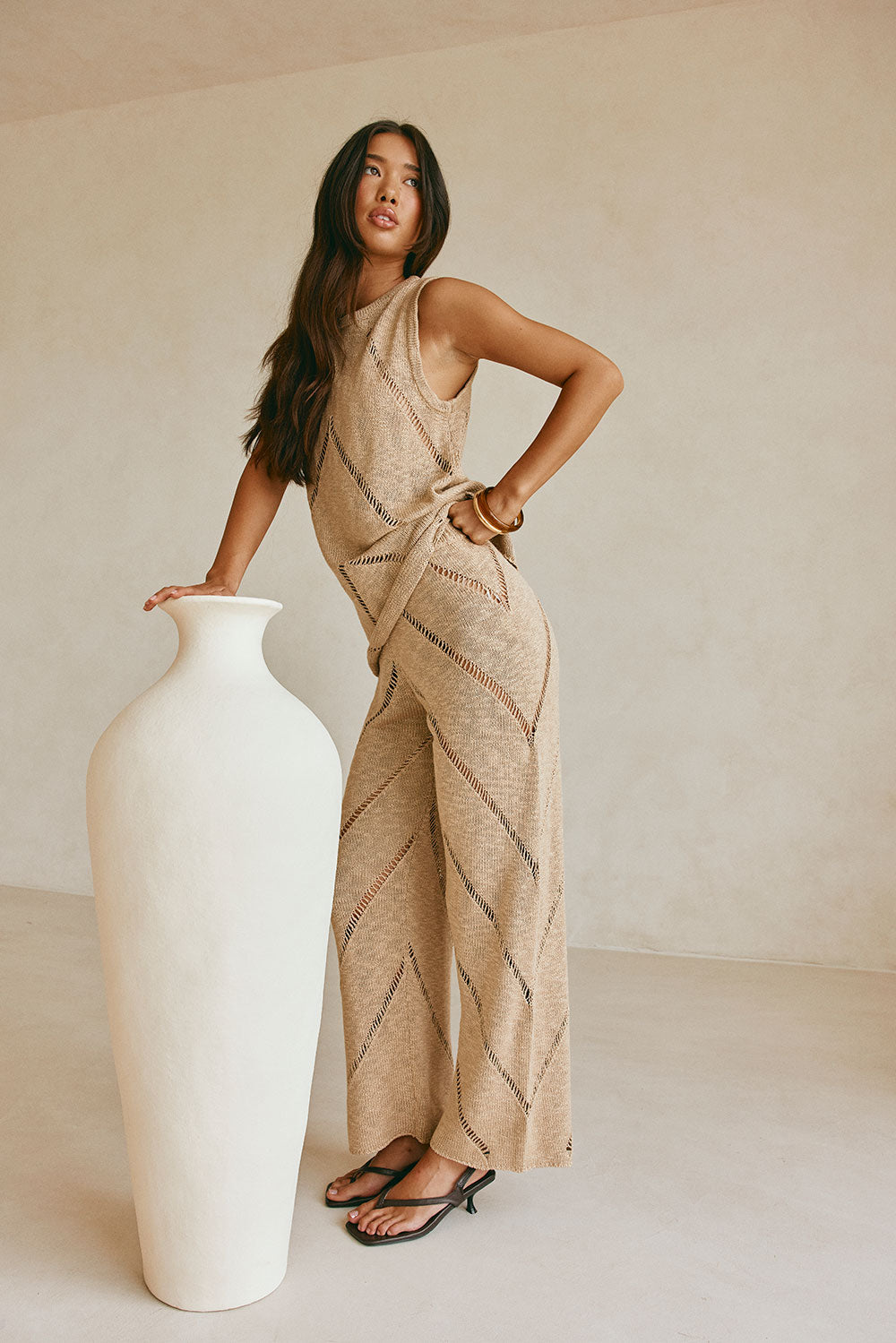 Tan Knit High Waist Ladder Pannel Josiah Pants