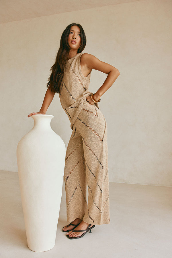 Tan Knit High Waist Ladder Pannel Josiah Pants