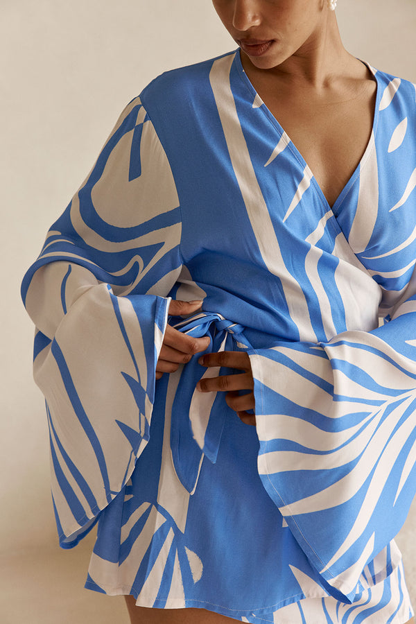 Palm Blue Print Long Sleeve Flared Wrap Mini Aleksi Dress