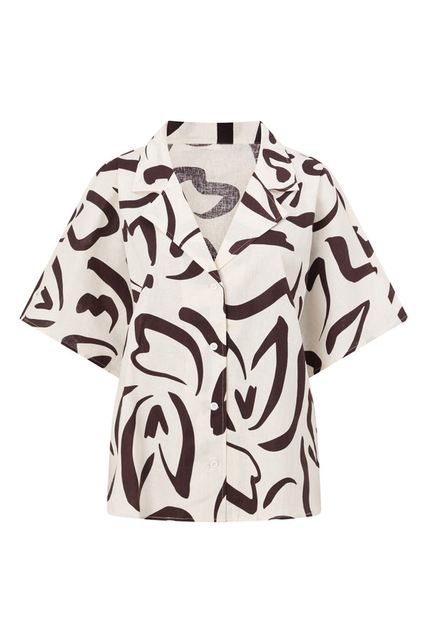 Cream Floral Fleur Lines Print Button Up Seona Top