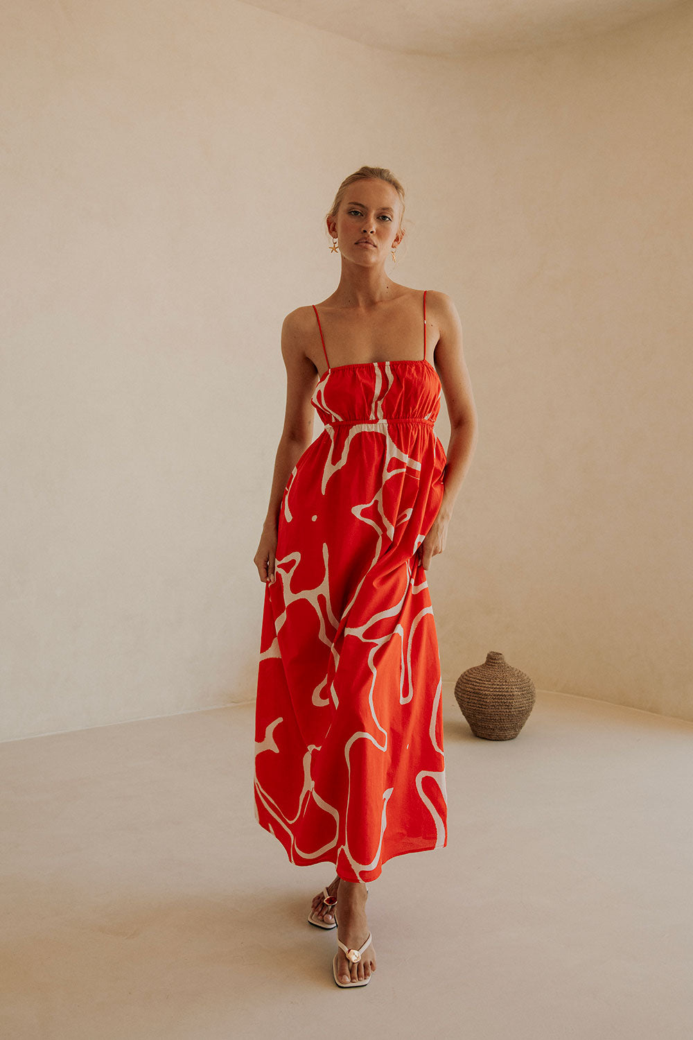 Catie Thin Strap Backless Maxi Dress - Evoke Red, White