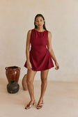 Burgundy Red Flared Mini Camellia Dress