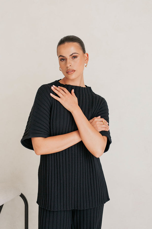 Celine Knit Ribbed Top - Black