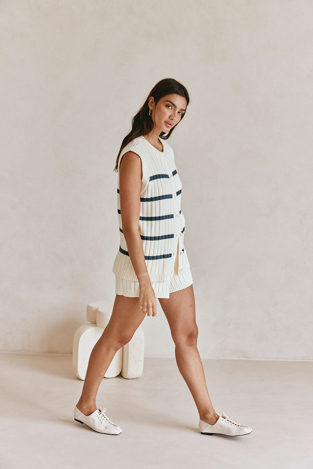 Cream and Black Stripe Knit Button Up Depp Top