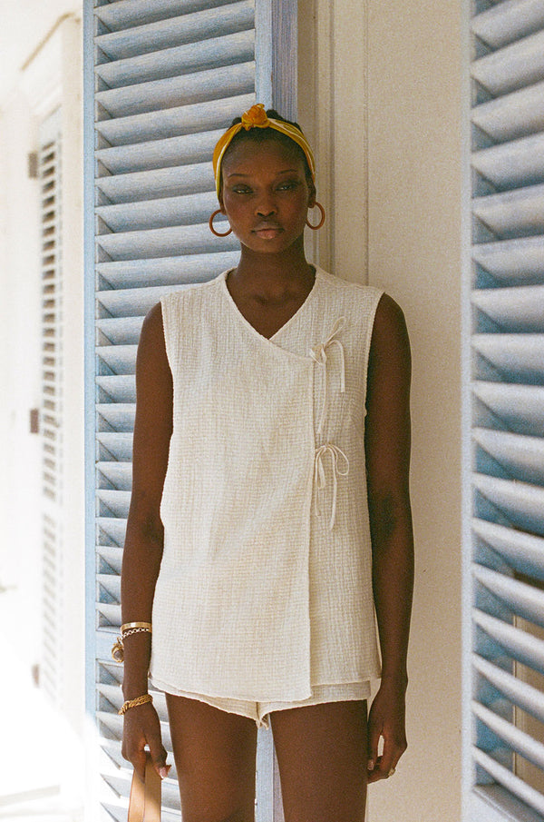 Cream Cotton V Neck Boxy Wrap Ciel Top