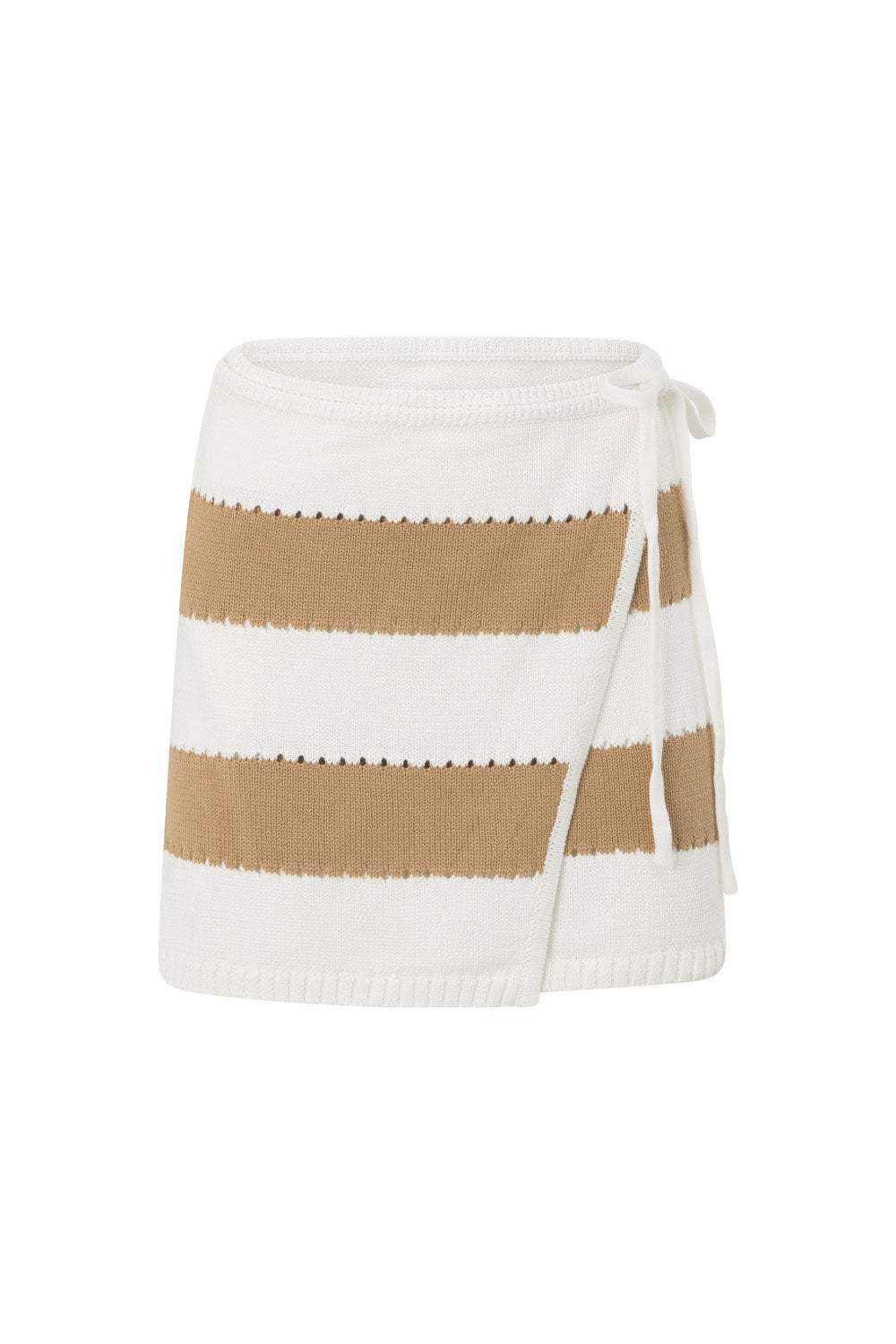 Tan and White Striped Knit Wrap Mini Akora Skirt