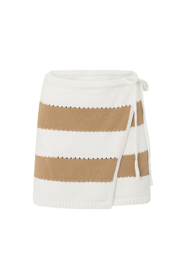 Tan and White Striped Knit Wrap Mini Akora Skirt