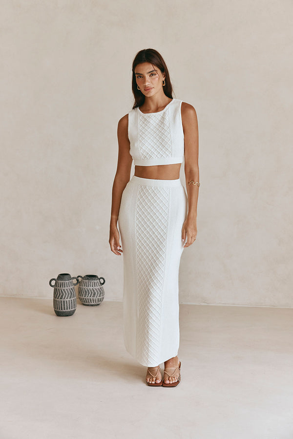 White Cable Knit Maxi Lotus Skirt