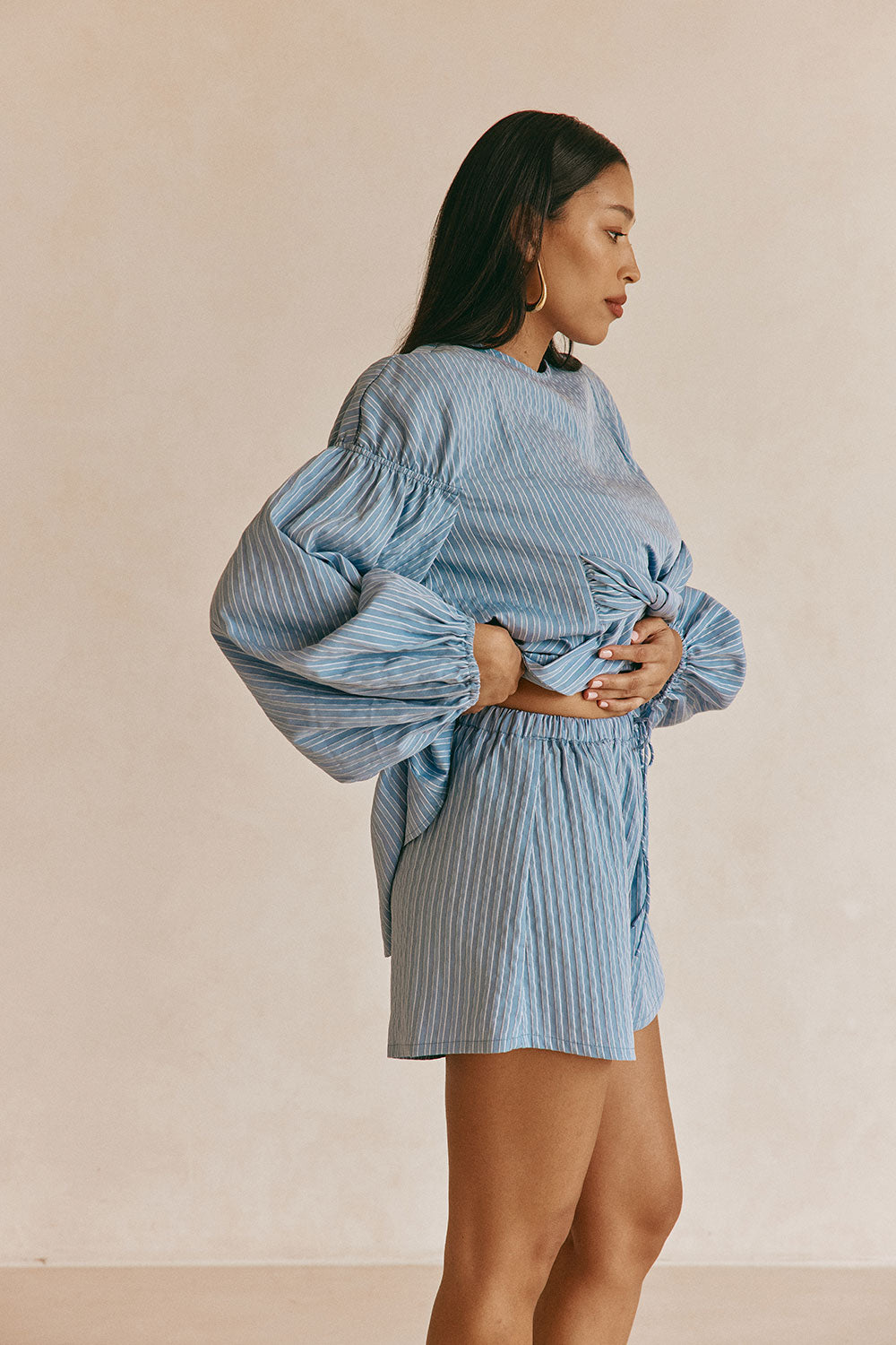 Blue Stripe Elastic Drawstring Hailey Shorts