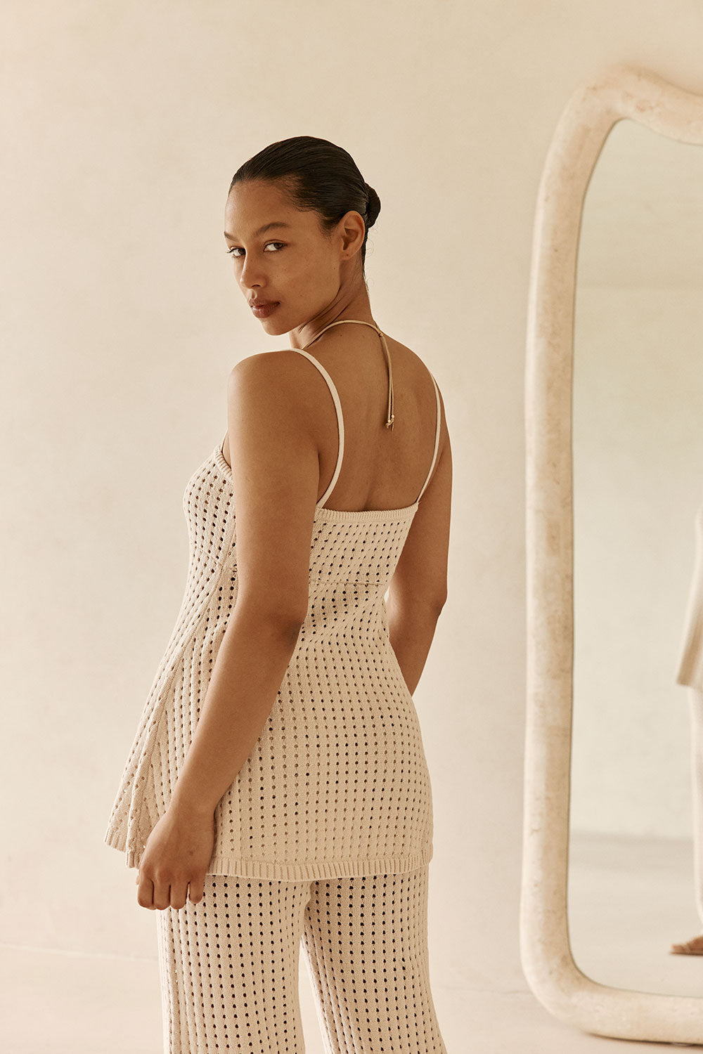 Beige Crochet Knit Strappy Nev Top