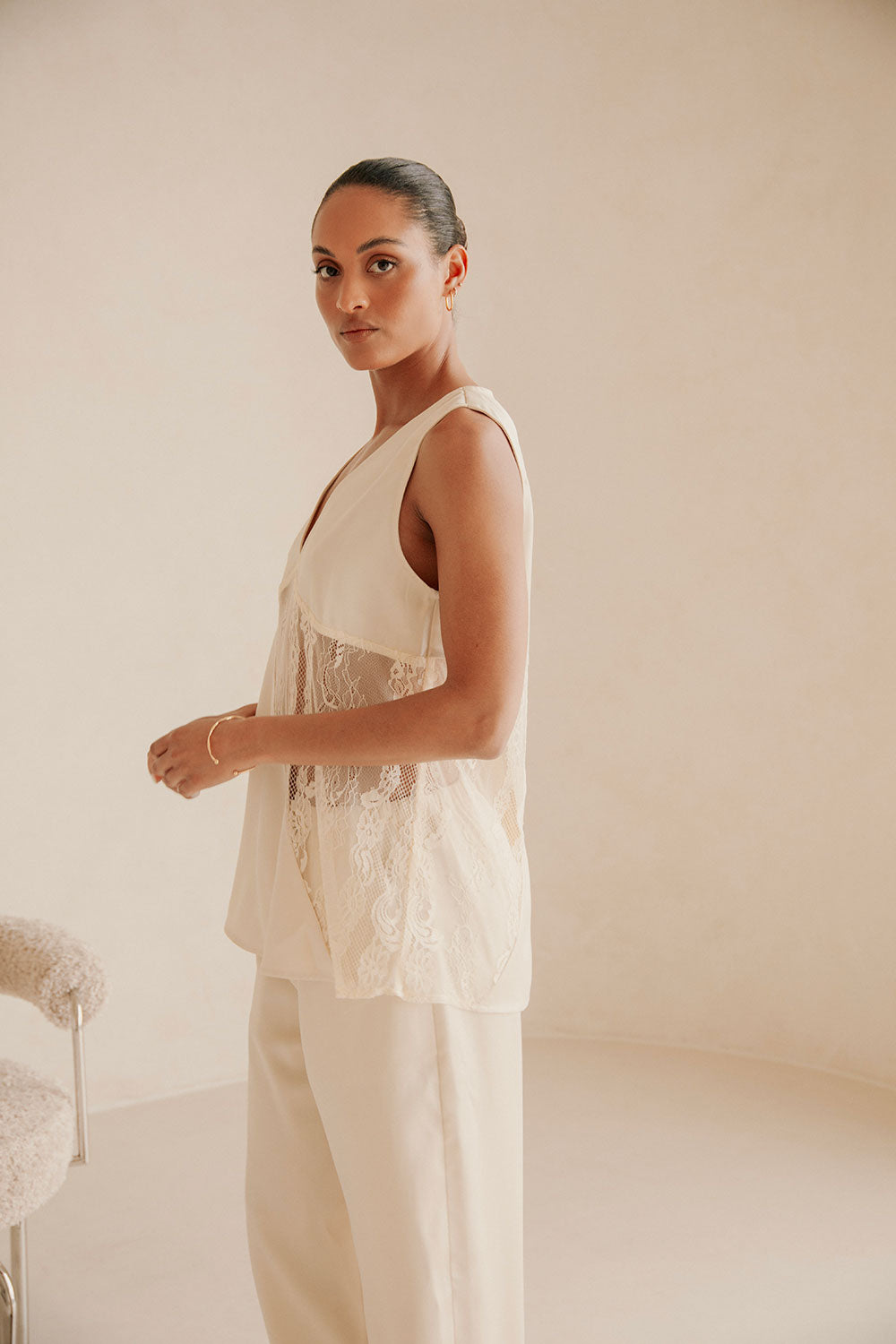 Maarten V Neckline Lace Top - Cream