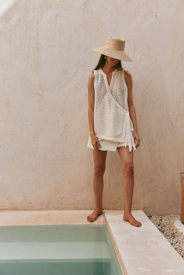 White Crochet Style V Neck Wrap Alina Skirt