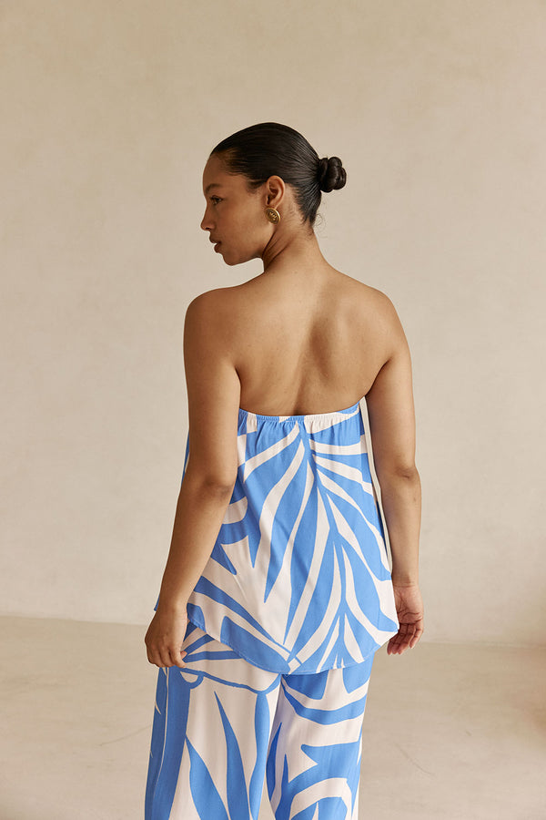 Palm Blue Print Strapless Alma Top