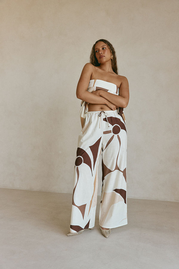 Brown Sable Floral Print Drawstring Monroe Pants