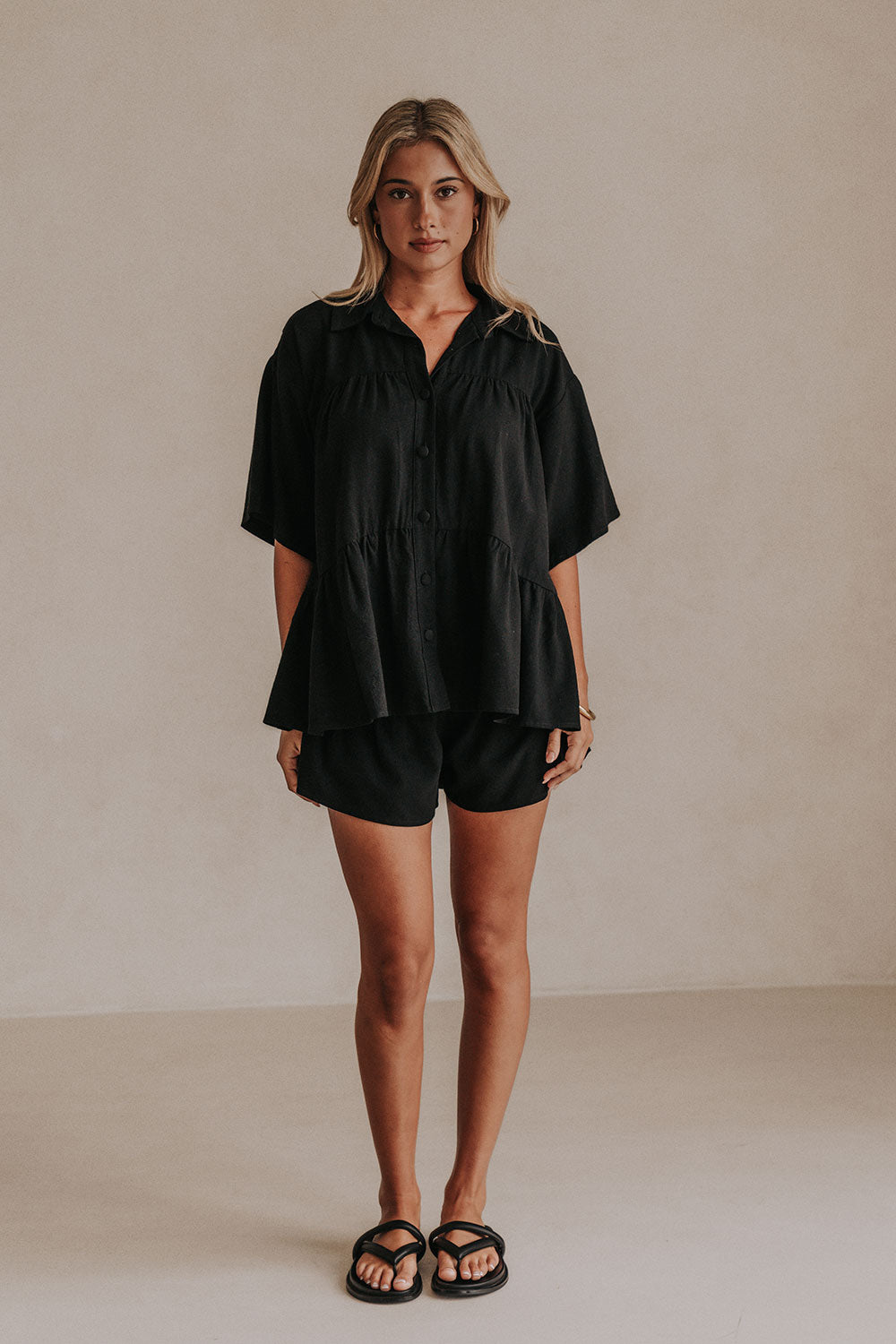 Black Short Sleeve Button Up Collar Luna Top