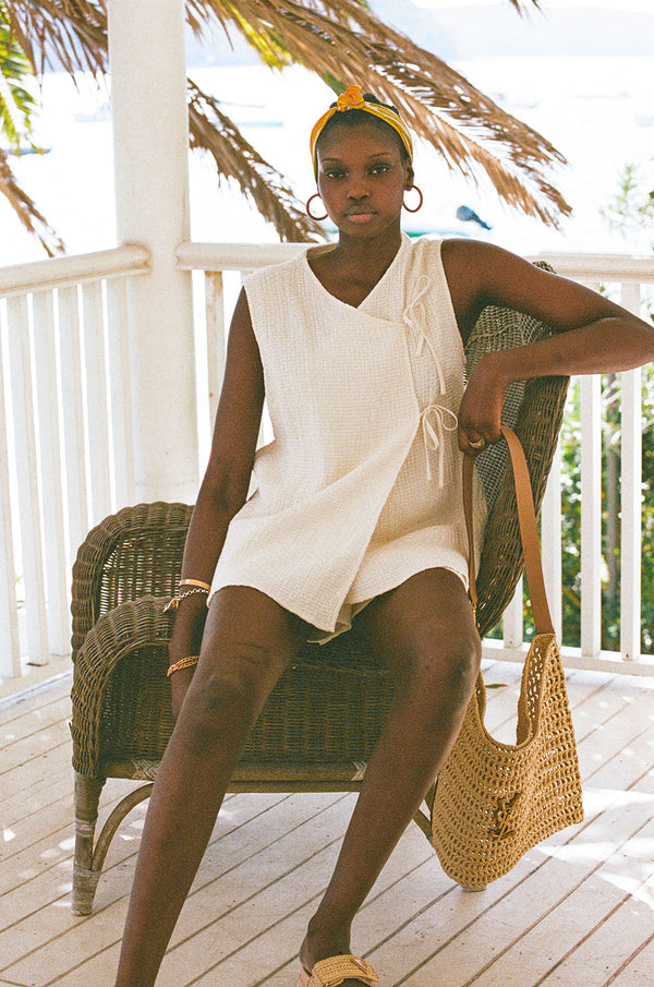 Cream Cotton V Neck Boxy Wrap Ciel Top