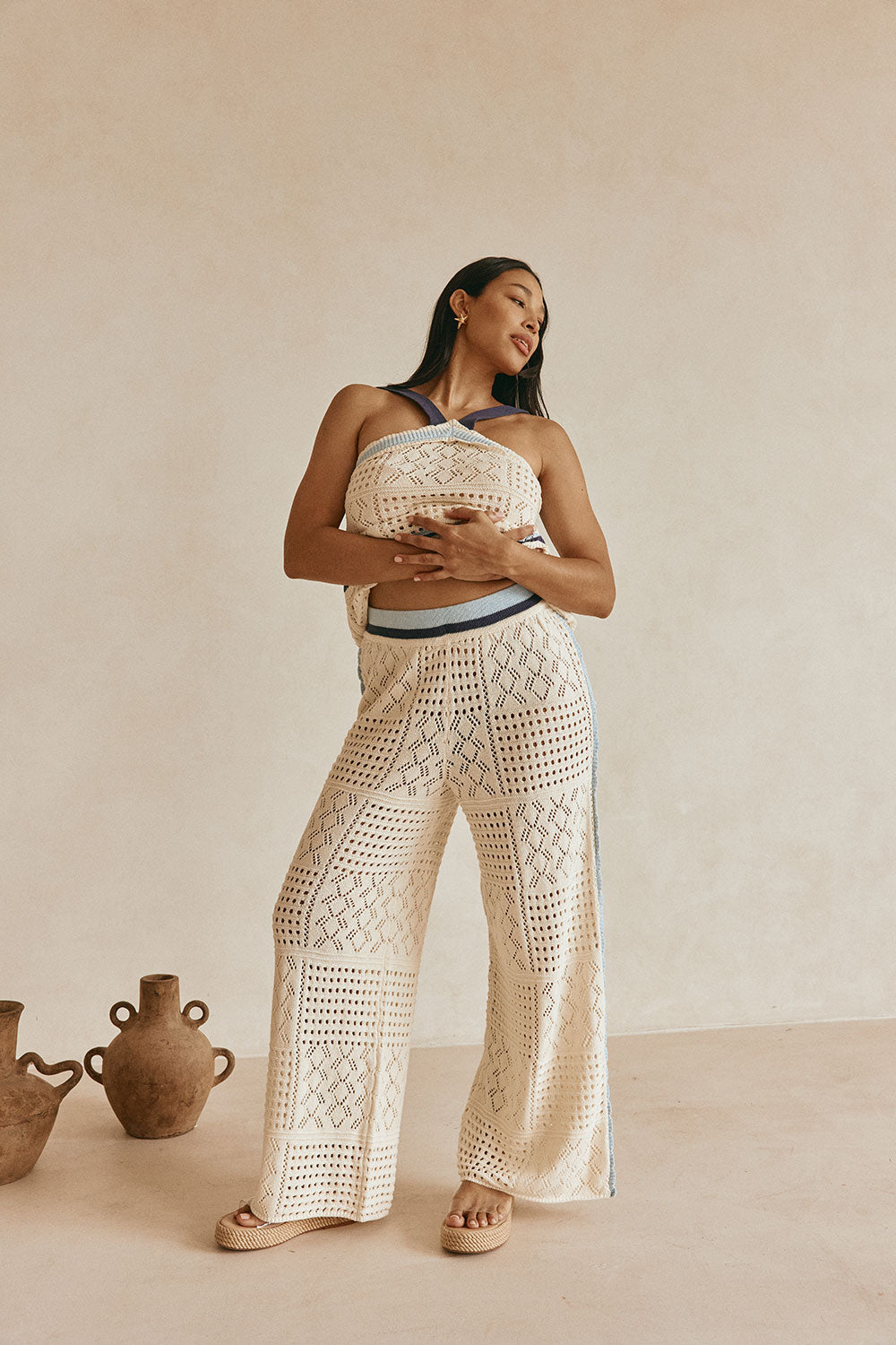 Cream Patch Crochet Knit High Waist Matilda Pants