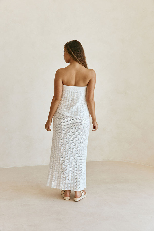 White Vintage Crochet Knit Strapless Maxi Maria Dress