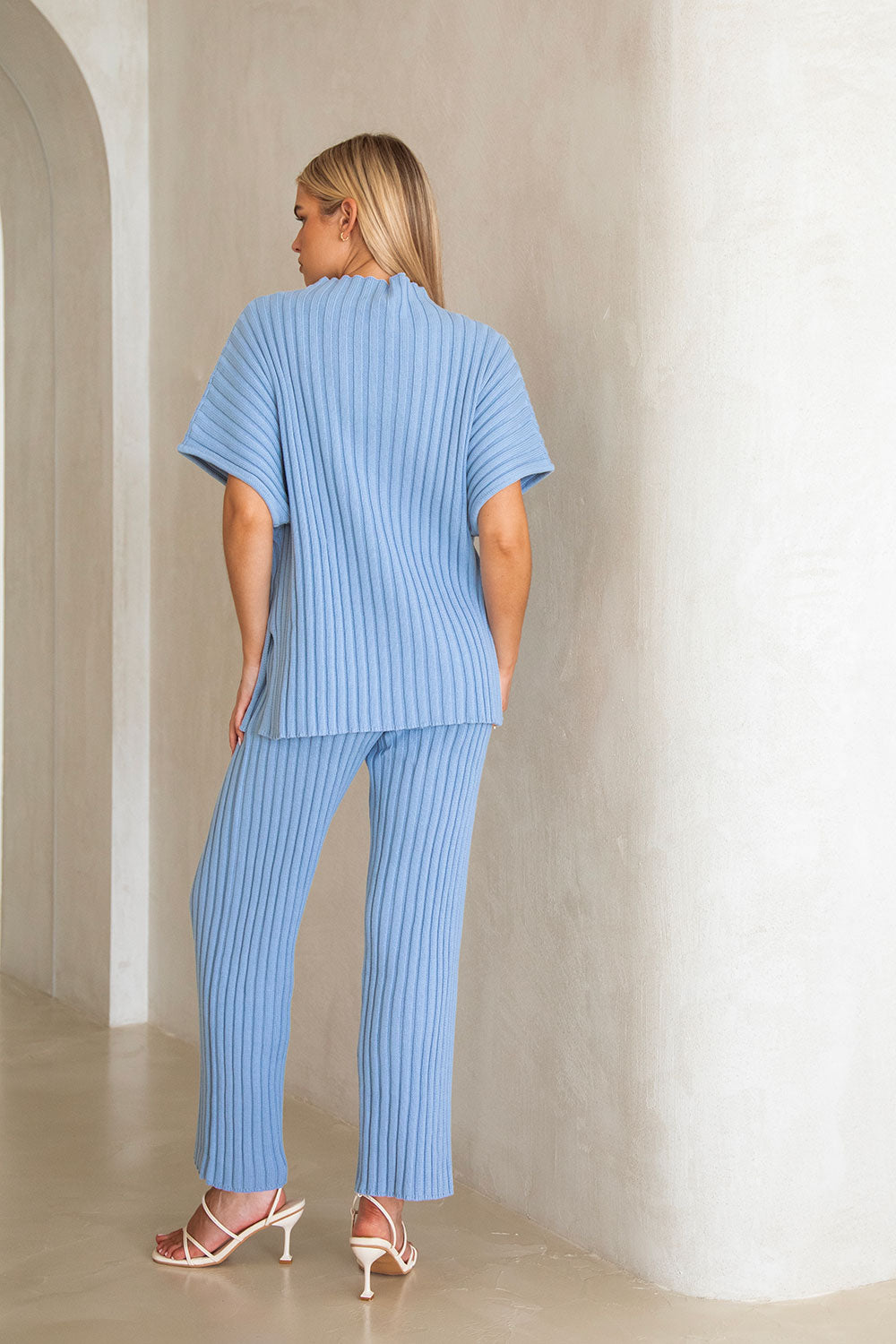 Blue Ribbed Knit High Waist Elastic Celine Pants