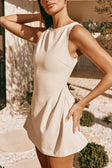 Beige Pleated Mini Camellia Dress