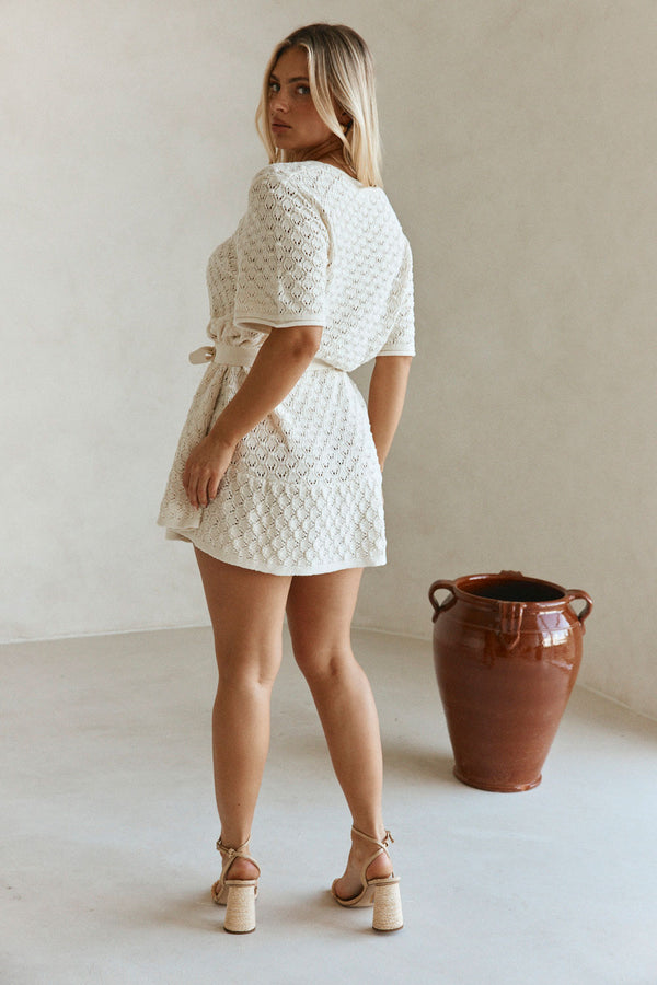 Cream Pointelle Knit Waist Tie Mini Demi Dress