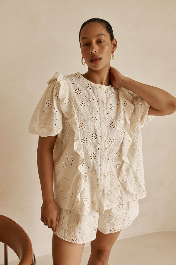 Beige Broderie Ruffle Button Up Wynter Top