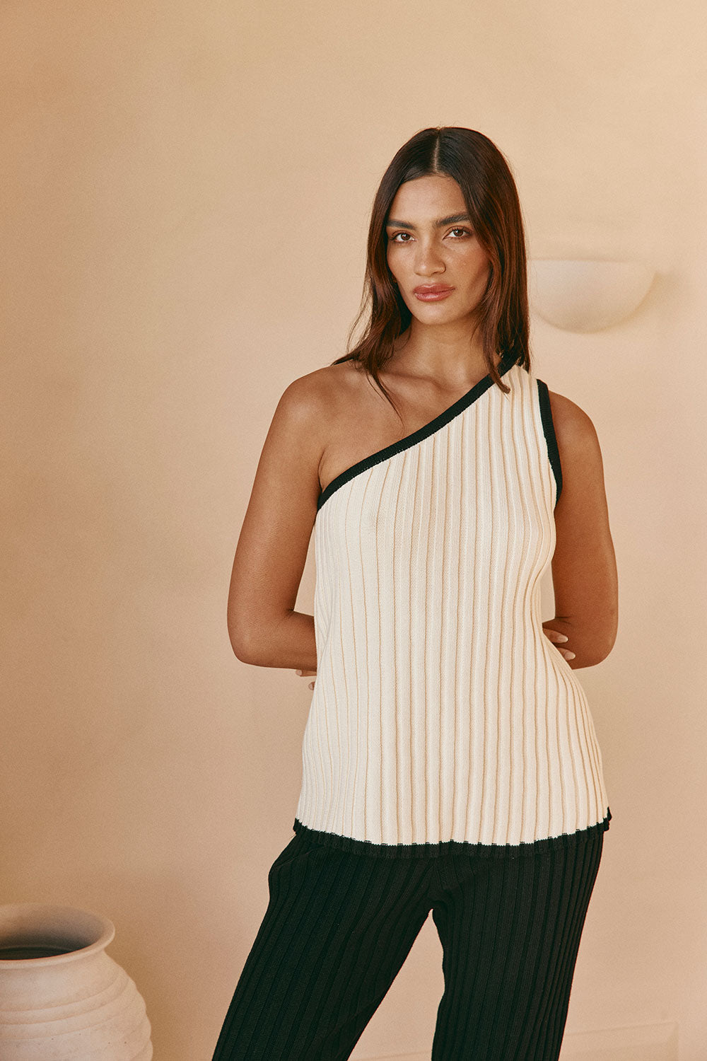 Cream Ribbed One Shoulder Aylani Top