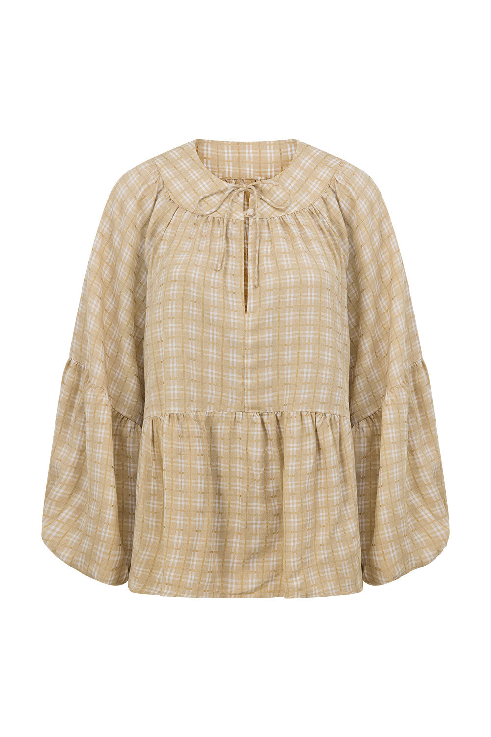 Khaki Gingham Flouncy Puff Sleeve Rylia Top