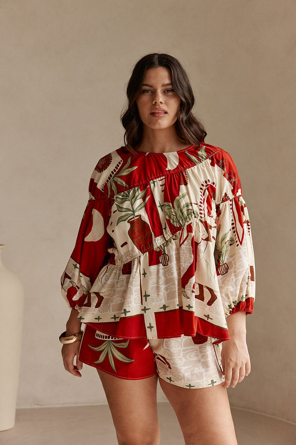 Red Palma Vista Print Long Sleeve Ruched Belinda Top