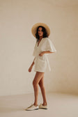 White V Neck Ruched Tie Mini Chiva Dress