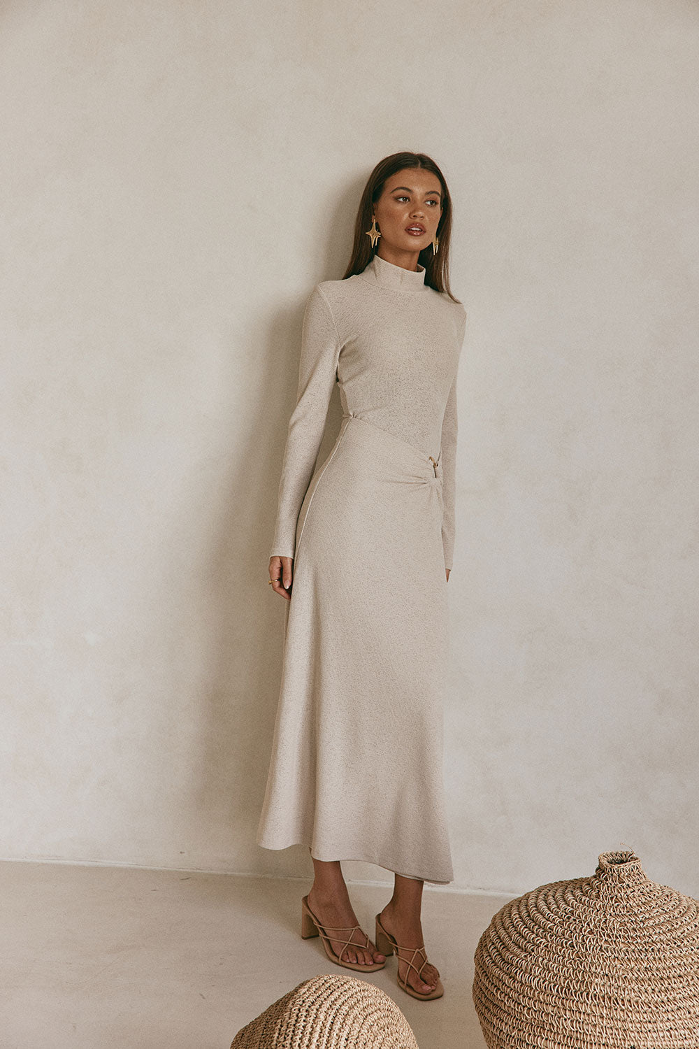 Beige High Neck Long Sleeve Fitted Maxi Simone Dress