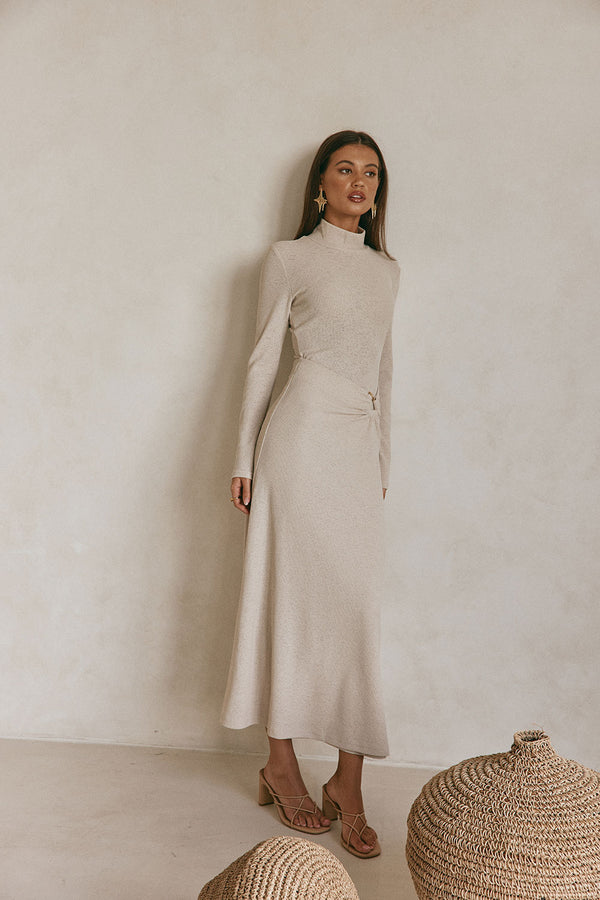 Beige High Neck Long Sleeve Fitted Maxi Simone Dress