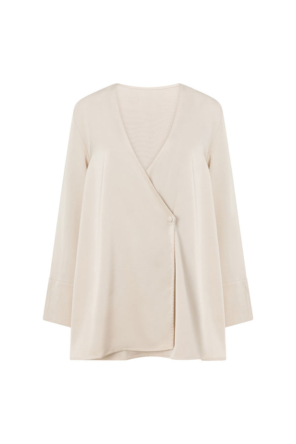 Beige Long Sleeve Mini Wrap Asoka Dress