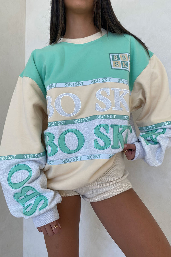 Janiero Vintage Oversized Sweater - Fleece Green, Grey, Cream