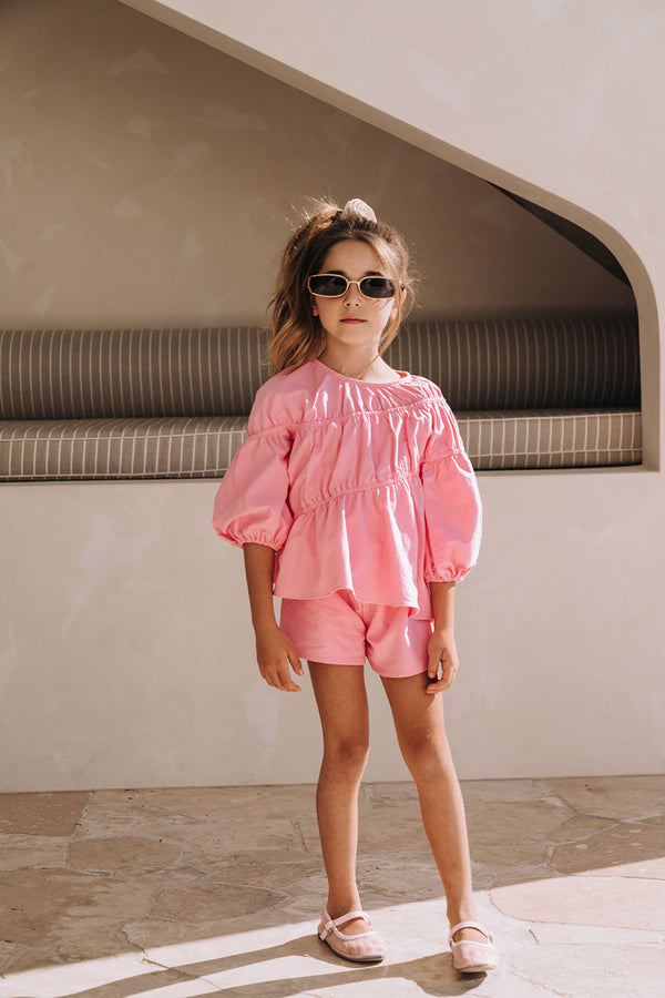 Pink Ruched Puff Sleeve Bikkie Mini Top