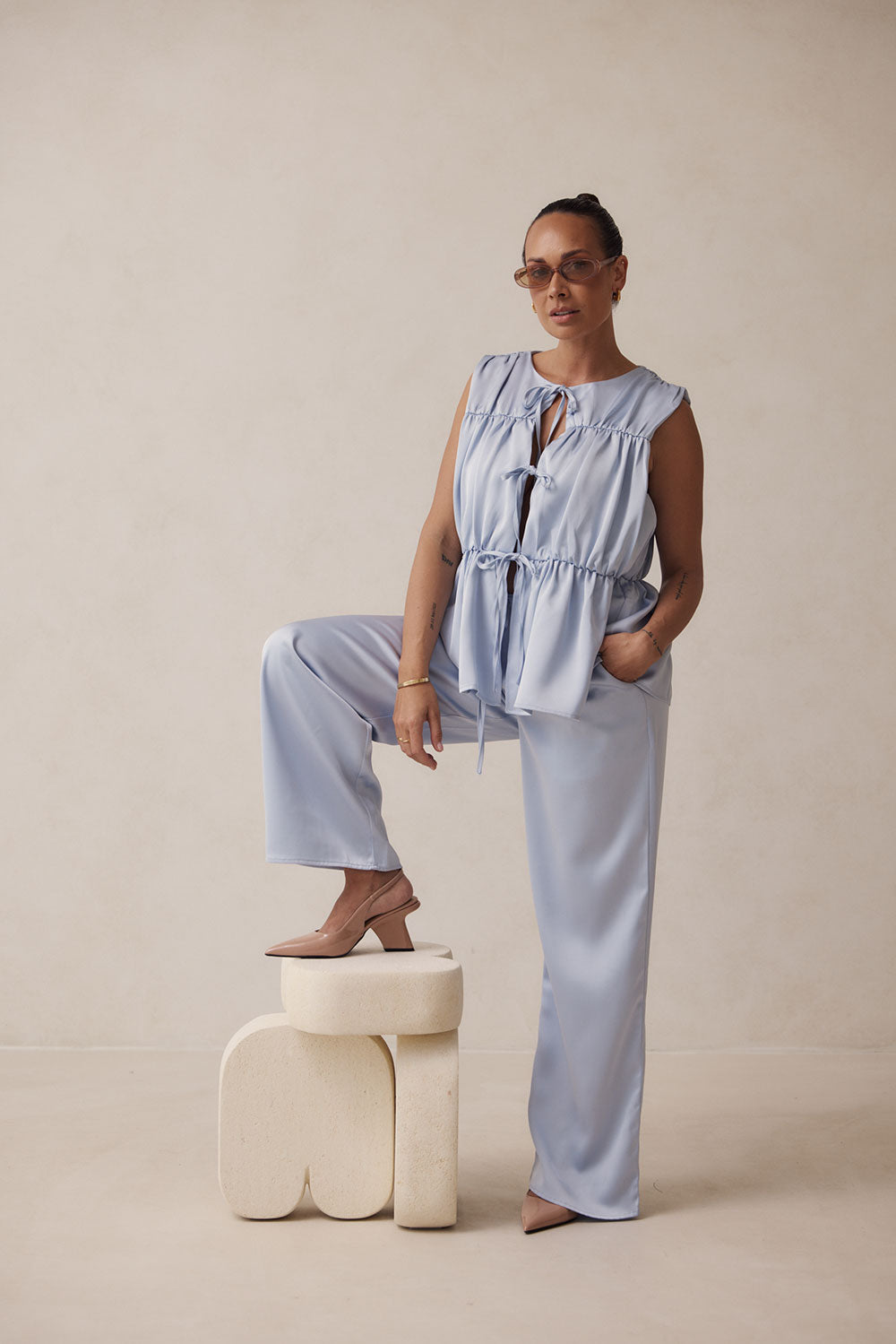 Blue Elastic Drawstring Pocket Juliette Pants