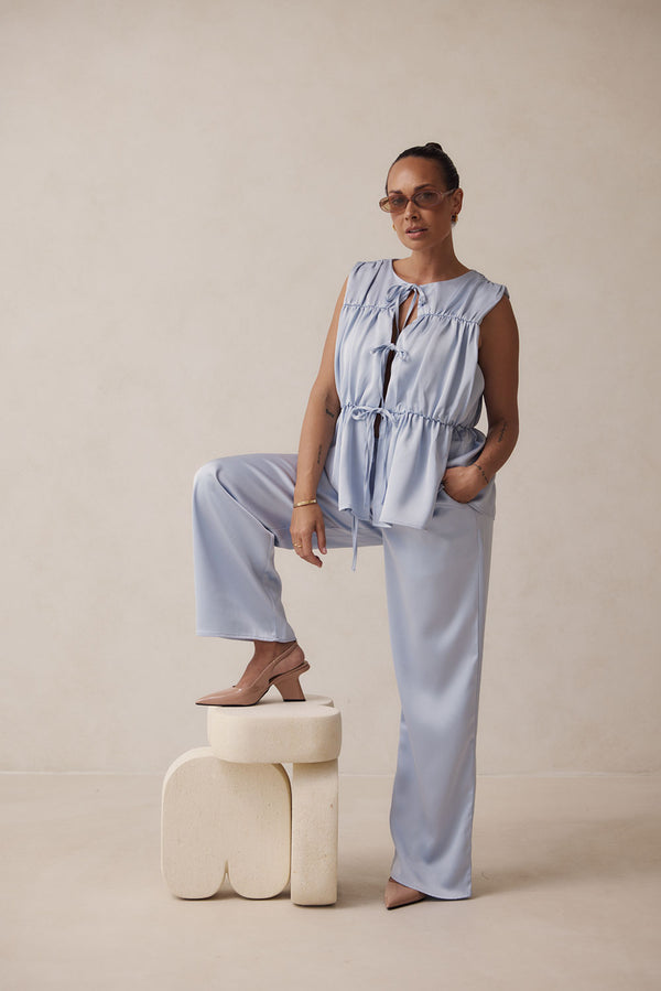 Blue Elastic Drawstring Pocket Juliette Pants