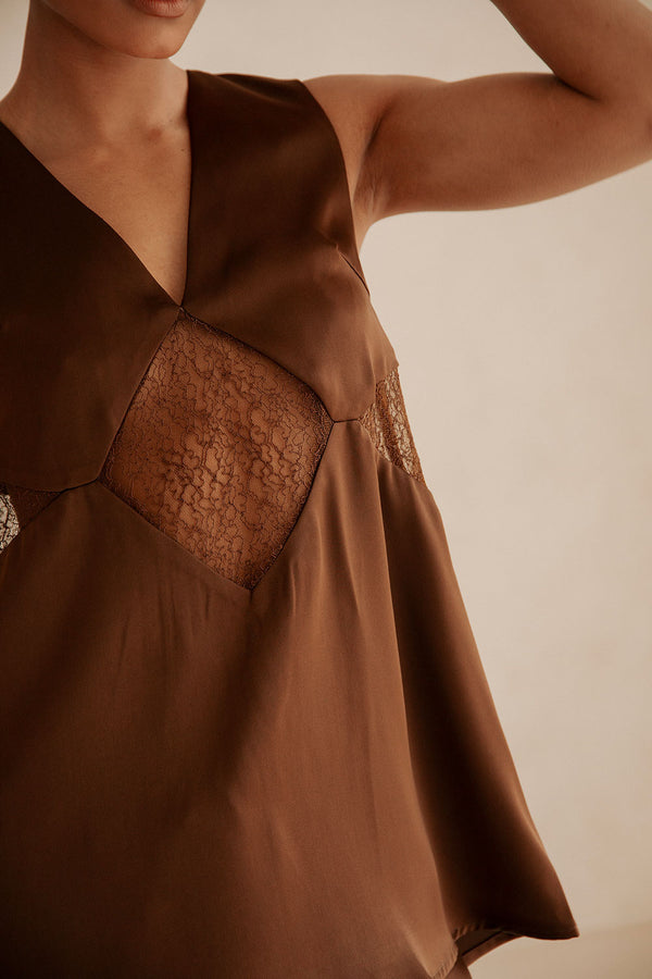 Brown Silky V Neck Lace Panel Zuri Top