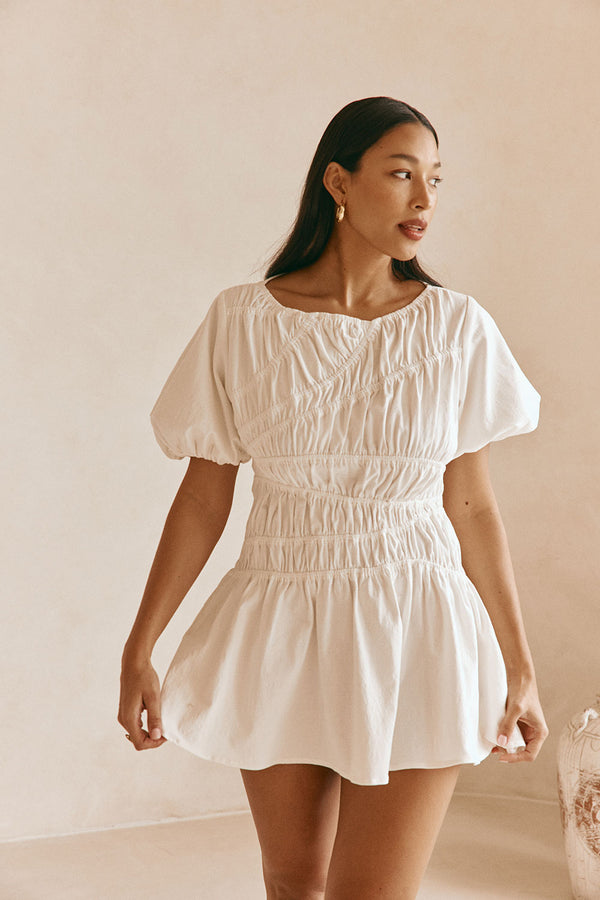 White Cotton Ruched Mini Lou Dress