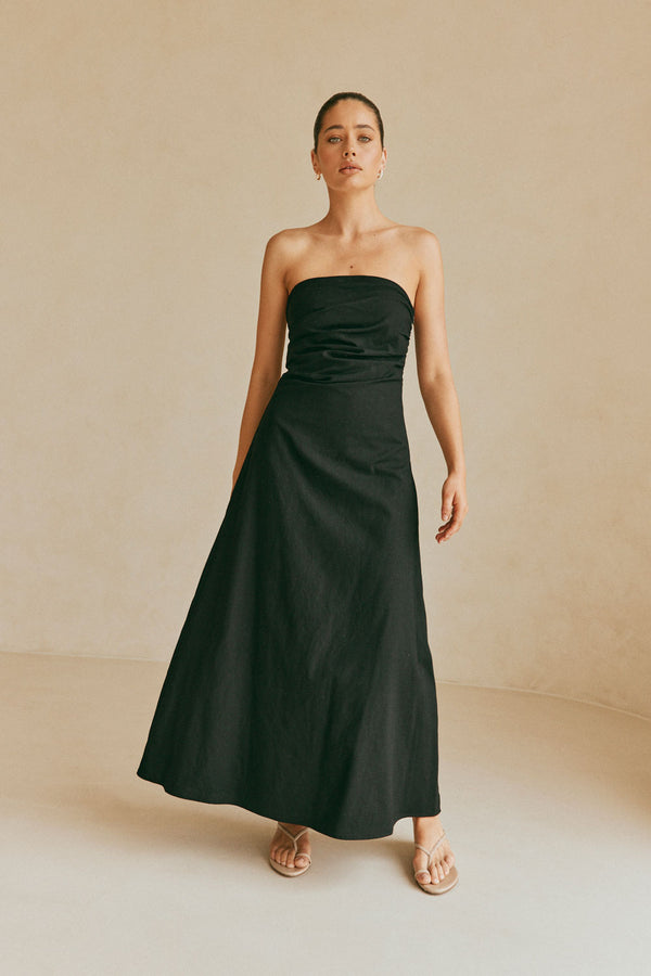 Formal Black Strappless Ruched Maxi Estella Dress