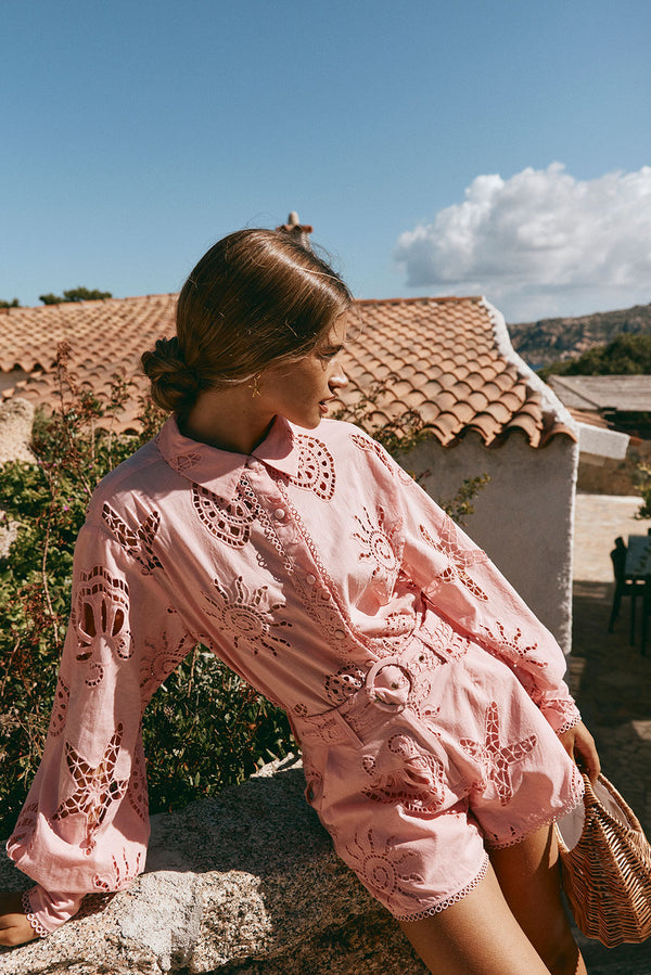 Pink Embroidered Long Sleeve Collar Carilo Top