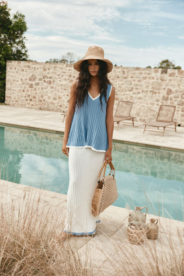 White and Blue Ribbed A Line Maxi Silla Skirt