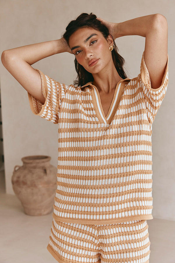 Orange Knit Short Sleeve Collar V Neck Josie Top