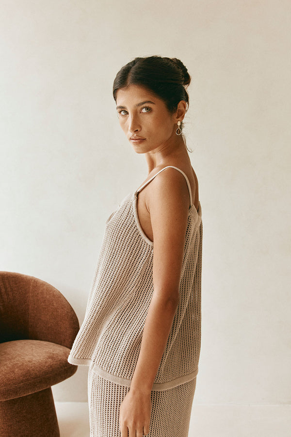 Taupe Knit V Neck Strappy Tie A-Line Havana Top