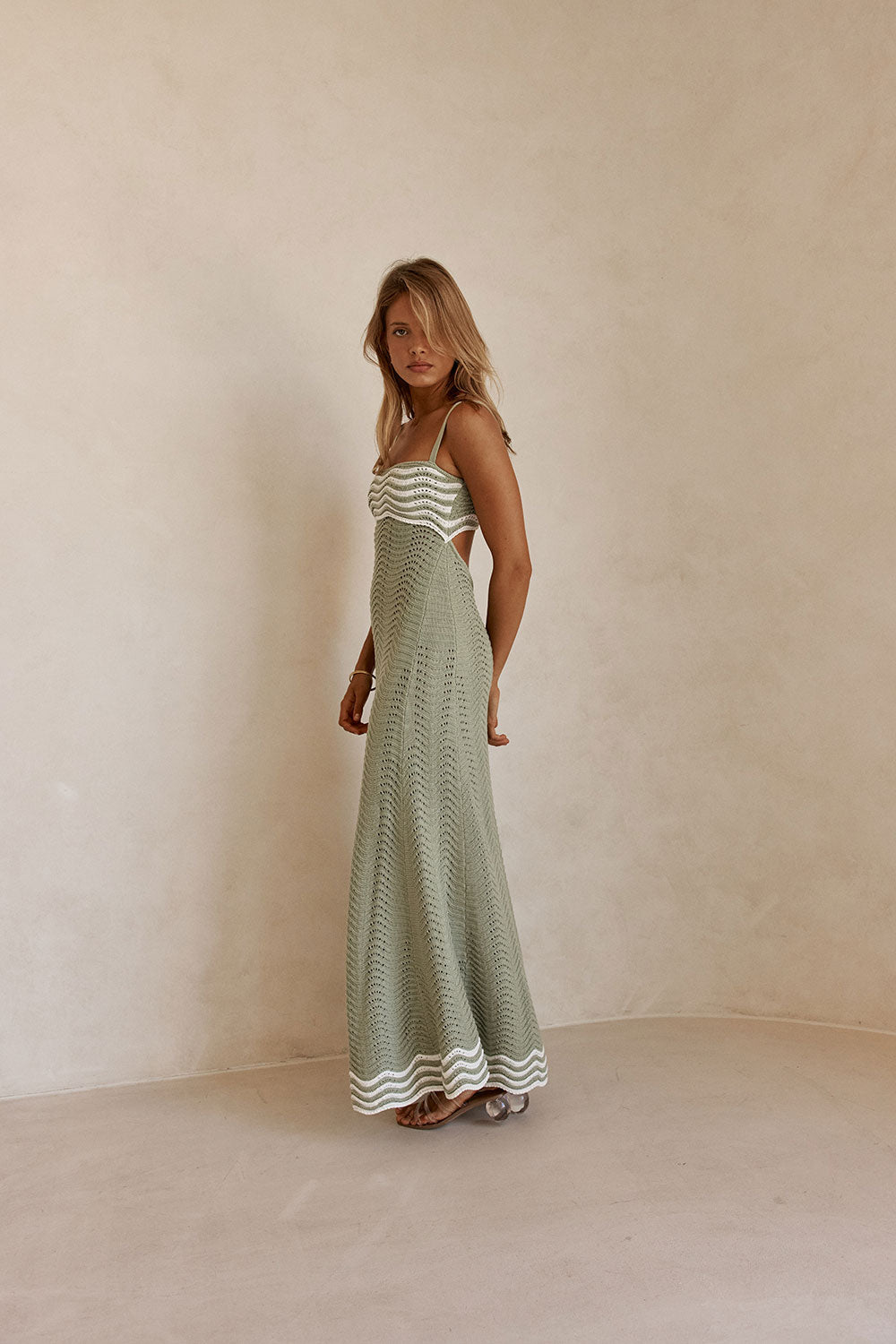 Khaki Green Wavy Knit Maxi Cielo Dress