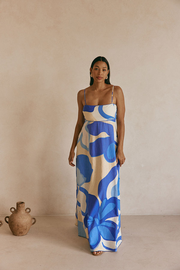 Valley Blue Print Strappy A Line Maxi Tasmin Dress