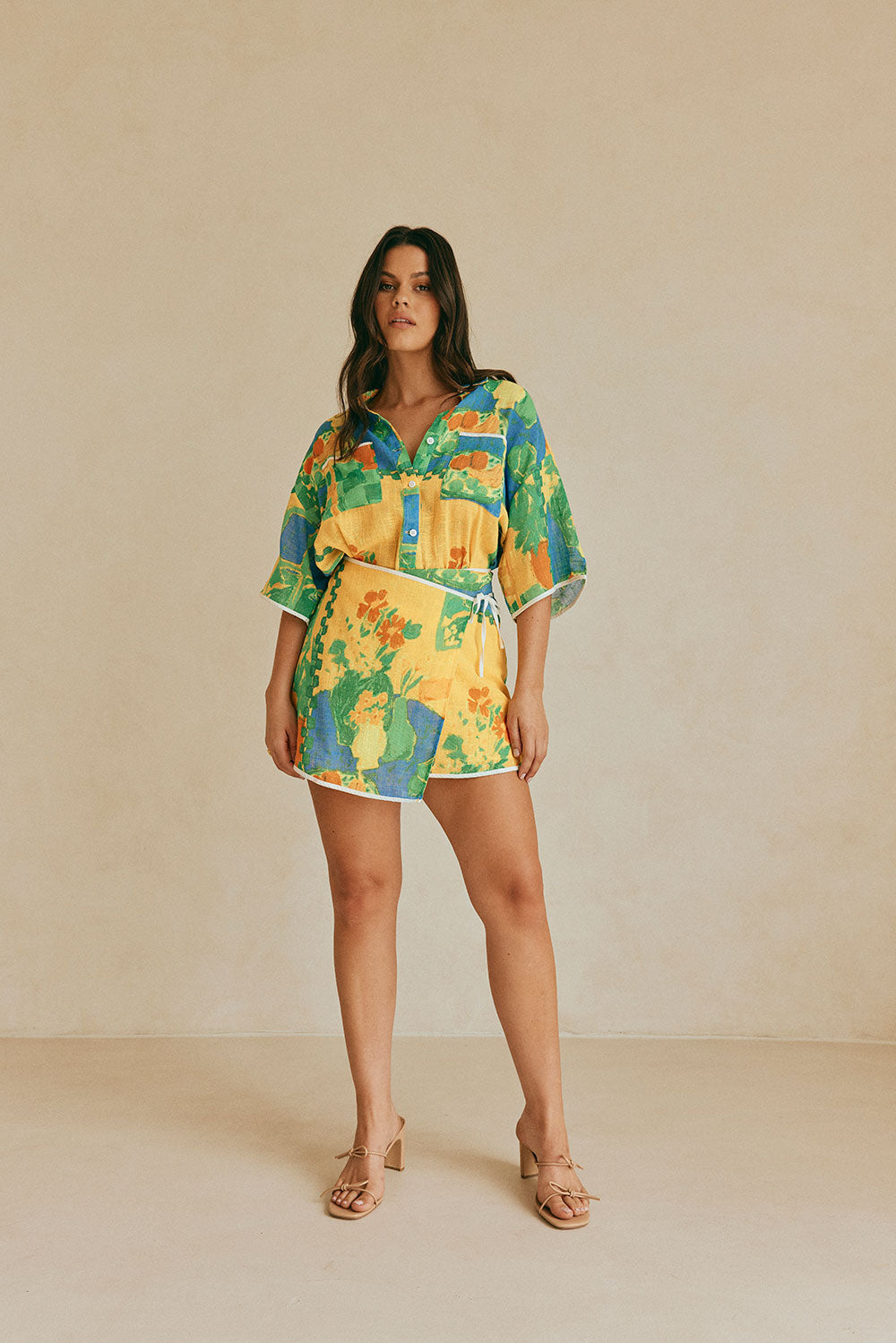 Cascade Button Up Short Sleeve Top - Green, Blue & Orange Morning Yellow Print