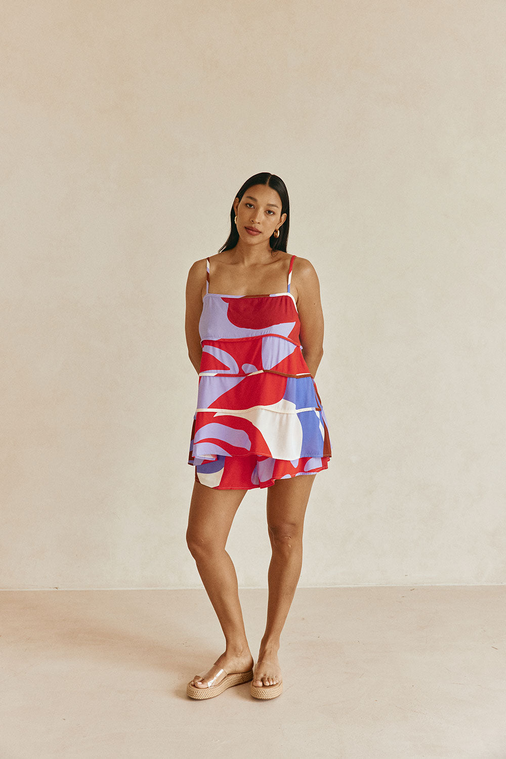 Valley Red Print Strappy Tiered Vian Top