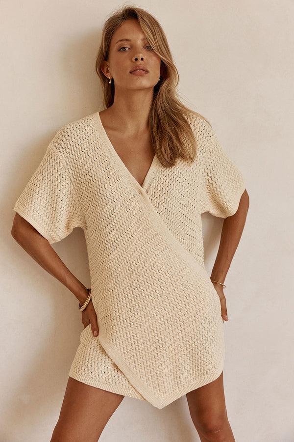 Cream Knit Wrap Mini Kyoto Dress