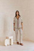 Mia Collared Button Up Short Sleeve Knit Top - Cream, Brown Stripe